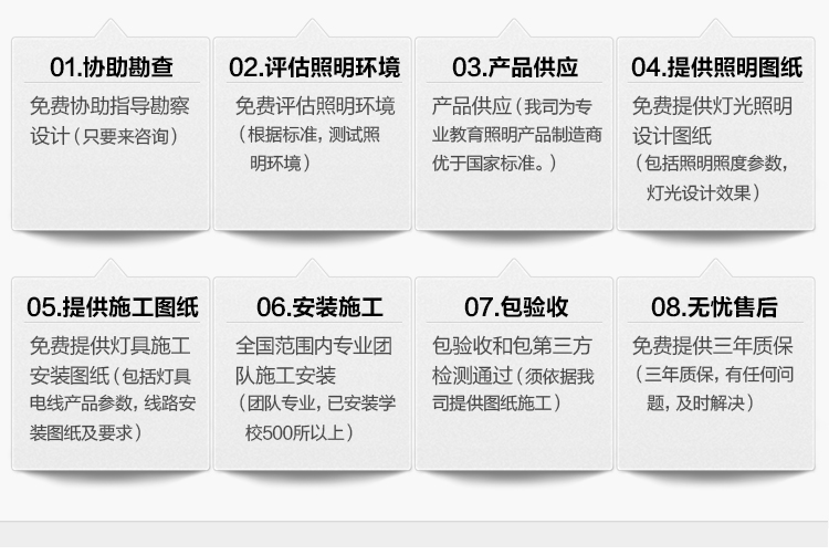 我司提供一站式教育照明解決方案：1、免費協(xié)助指導勘察設計（只要來咨詢）2、免費評估照明環(huán)境（根據標準，測試照明環(huán)境）3、產品供應（我司為專業(yè)教育照明產品制造商，優(yōu)于國家標準。）4、免費提供燈光照明設計圖紙（包括照明照度參數，燈光設計效果）5、免費提供燈具施工安裝圖紙（包括燈具/電線產品參數，線路安裝圖紙及要求）6、全國范圍內專業(yè)團隊施工安裝（團隊專業(yè)，已安裝學校500所以上）7、包驗收和包第三方檢測通過（須依據我司提供圖紙施工）8、免費提供三年質保（三年質保，有任何問題，及時解決）